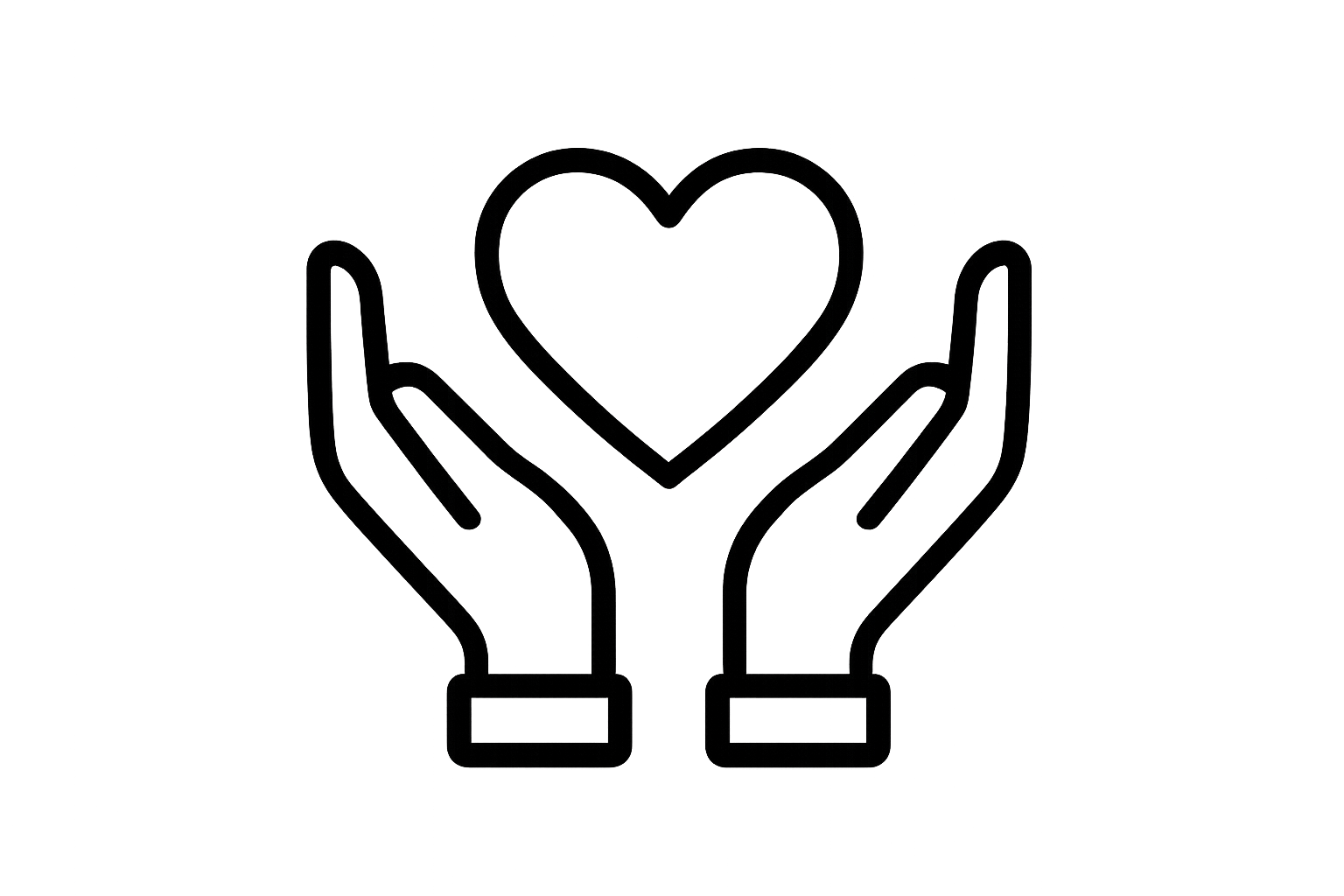 icono de borde negro y fondo transparente de dos manos con un corazon al centro